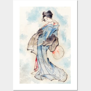 Japan Geisha Lady in Kimono watercolor Posters and Art